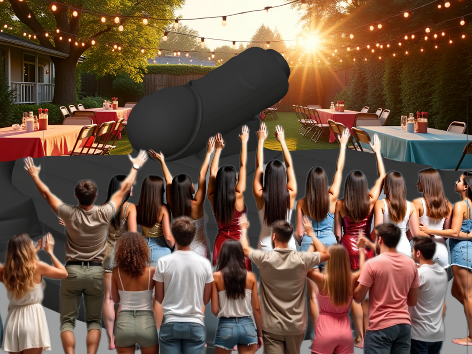 a mechanical inflatable penis ride on a tan-and-brown inflatable ring, against a neutral studio background