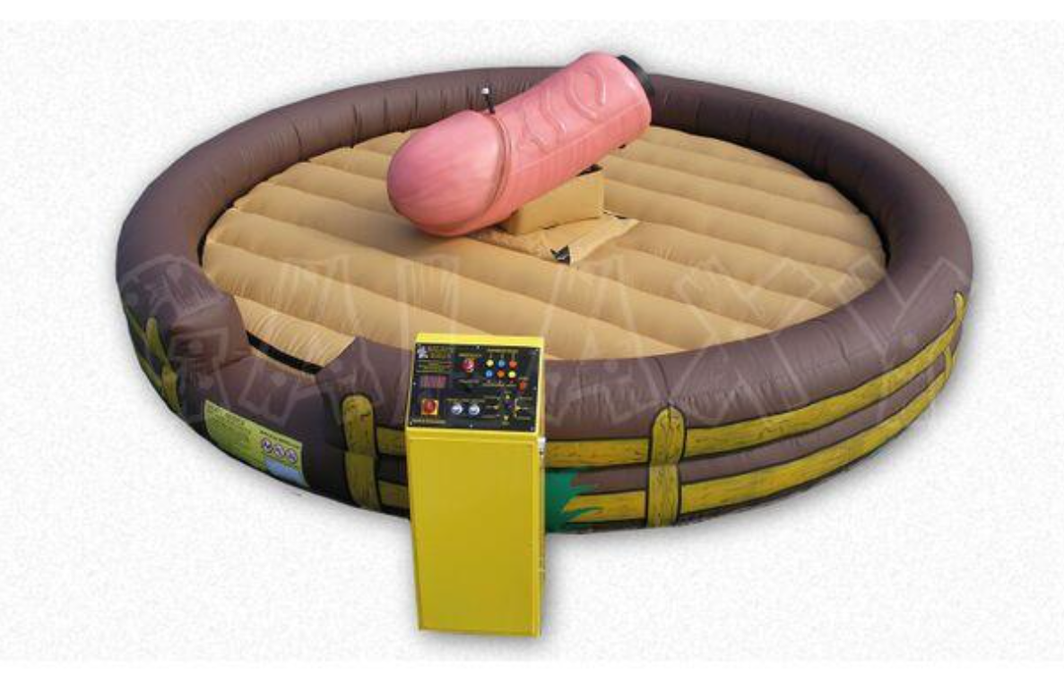 Fun Bachelorette Mechanical Willy Ride, a mechanical inflatable penis ride on a tan-and-brown inflatable ring, against a neutral studio background