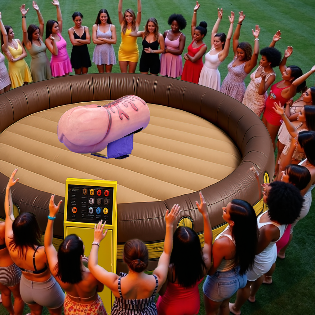 Bachelorette party group cheering around a mechanical penis ride, colorful outdoor setup, bride-to-be in the center of inflatable arena