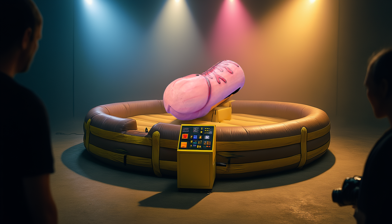 a mechanical inflatable penis ride on a tan-and-brown inflatable ring, against a neutral studio background