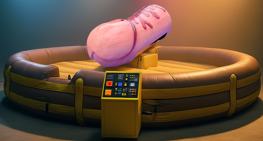 a mechanical inflatable penis ride on a tan-and-brown inflatable ring, against a neutral studio background